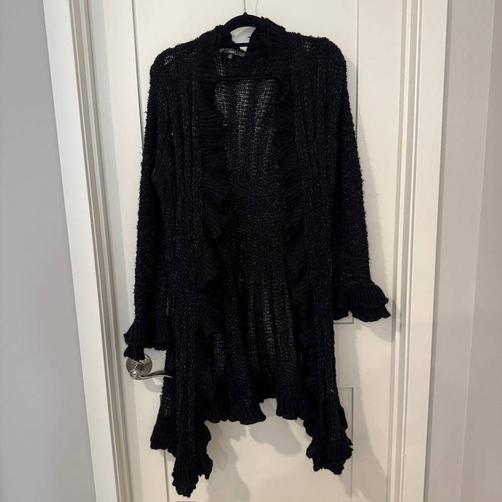 Sioni Womens Black Ruffle Open Front Cardigan Wool Blend Longline Knit Sz M